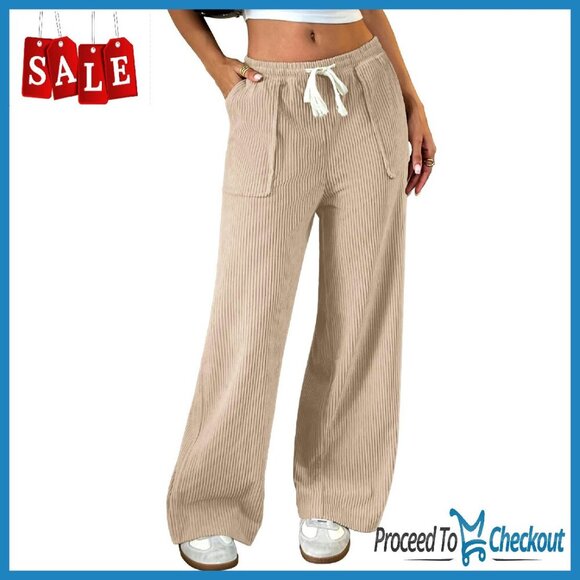 Pants - Straight Leg Corduroy Pants, Elastic High Waist, Drawstring & Pockets